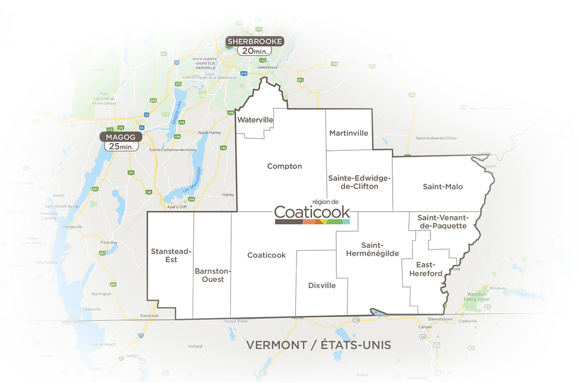 Carte des 12 municipalités de la région de Coaticook Cantons-de-l'Est